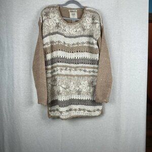 JJ Fargo Hand Knit Tan and Cream Tunic Length Sweater Striped with Flowers